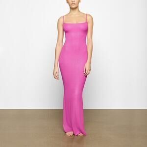 SKIMS Hot Pink Soft Lounge Shimmer Maxi Dress Spaghetti Strap Ribbed size M